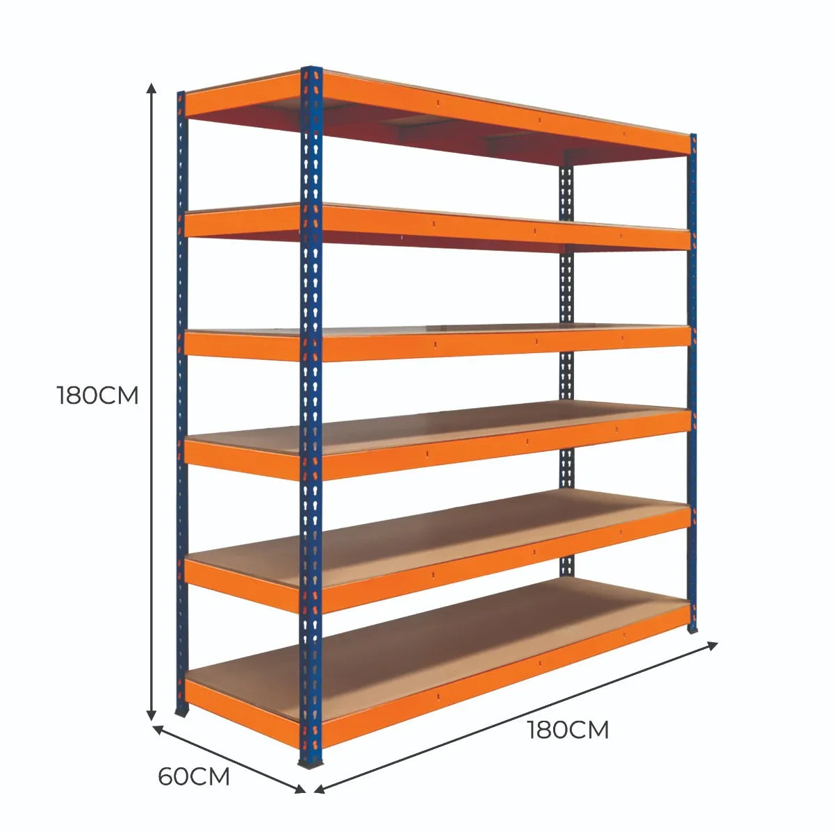 S-Rax 6 shelf racking unit in vibrant orange and blue, measuring 180cm high, 180cm wide, and 60cm deep, ideal for storage solutions