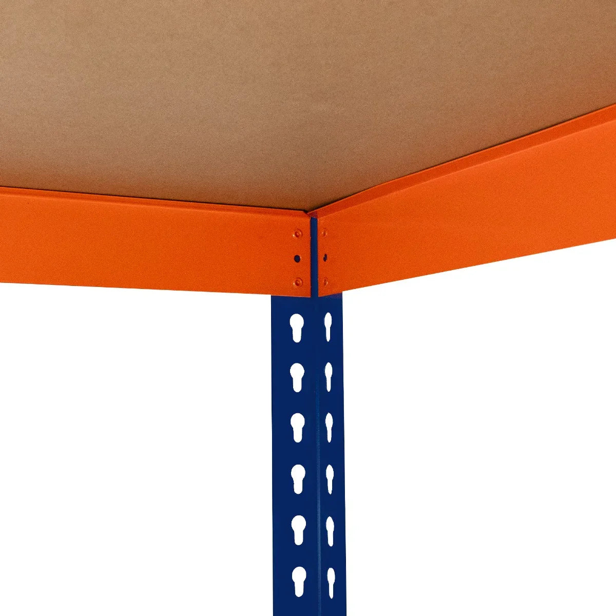S-Rax 6 Shelf Racking with sturdy blue metal frame and orange accents, showcasing a close-up of the shelf corner connection