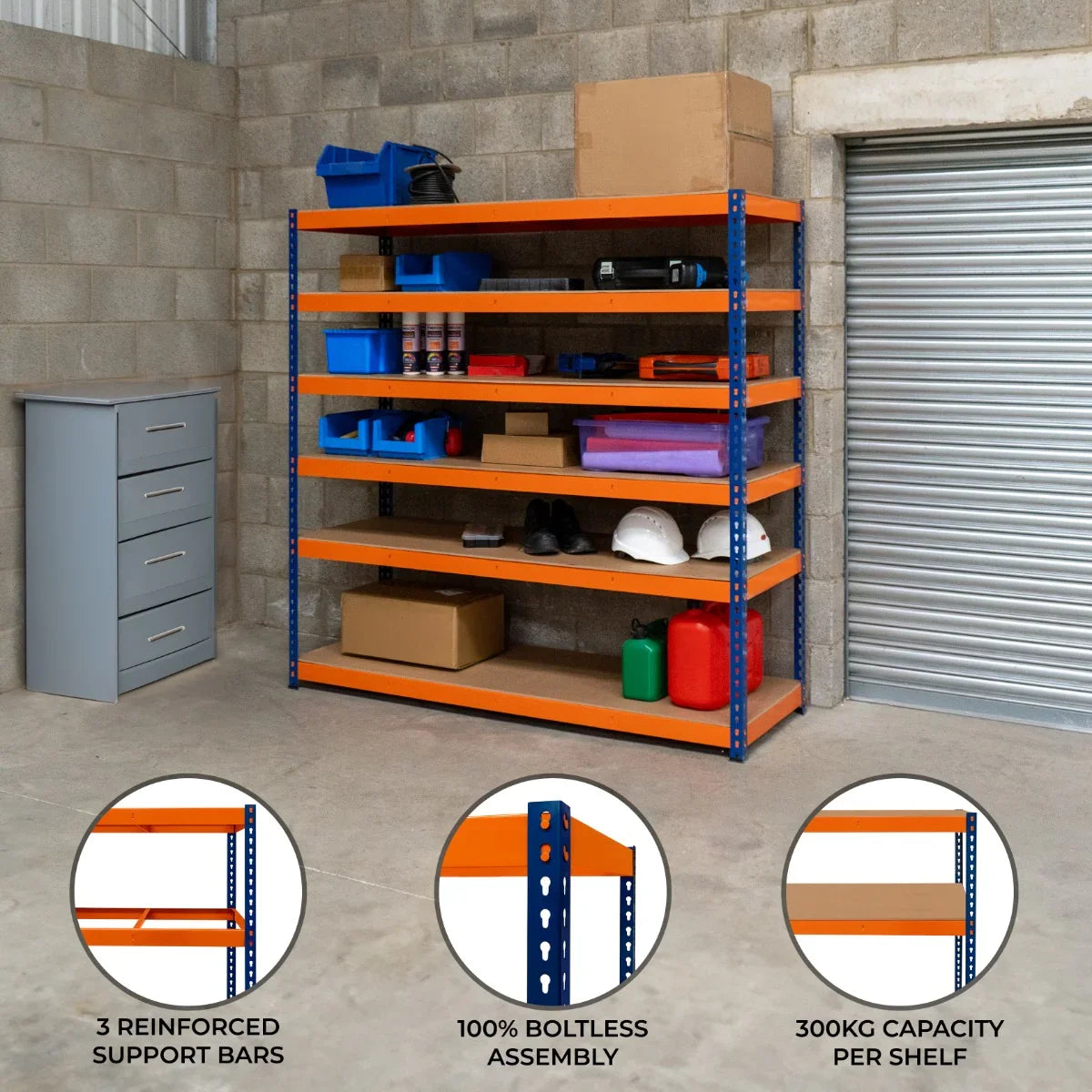 S-Rax 6 Shelf Racking in blue and orange, featuring sturdy shelves, reinforced support bars, and a 300kg capacity per shelf