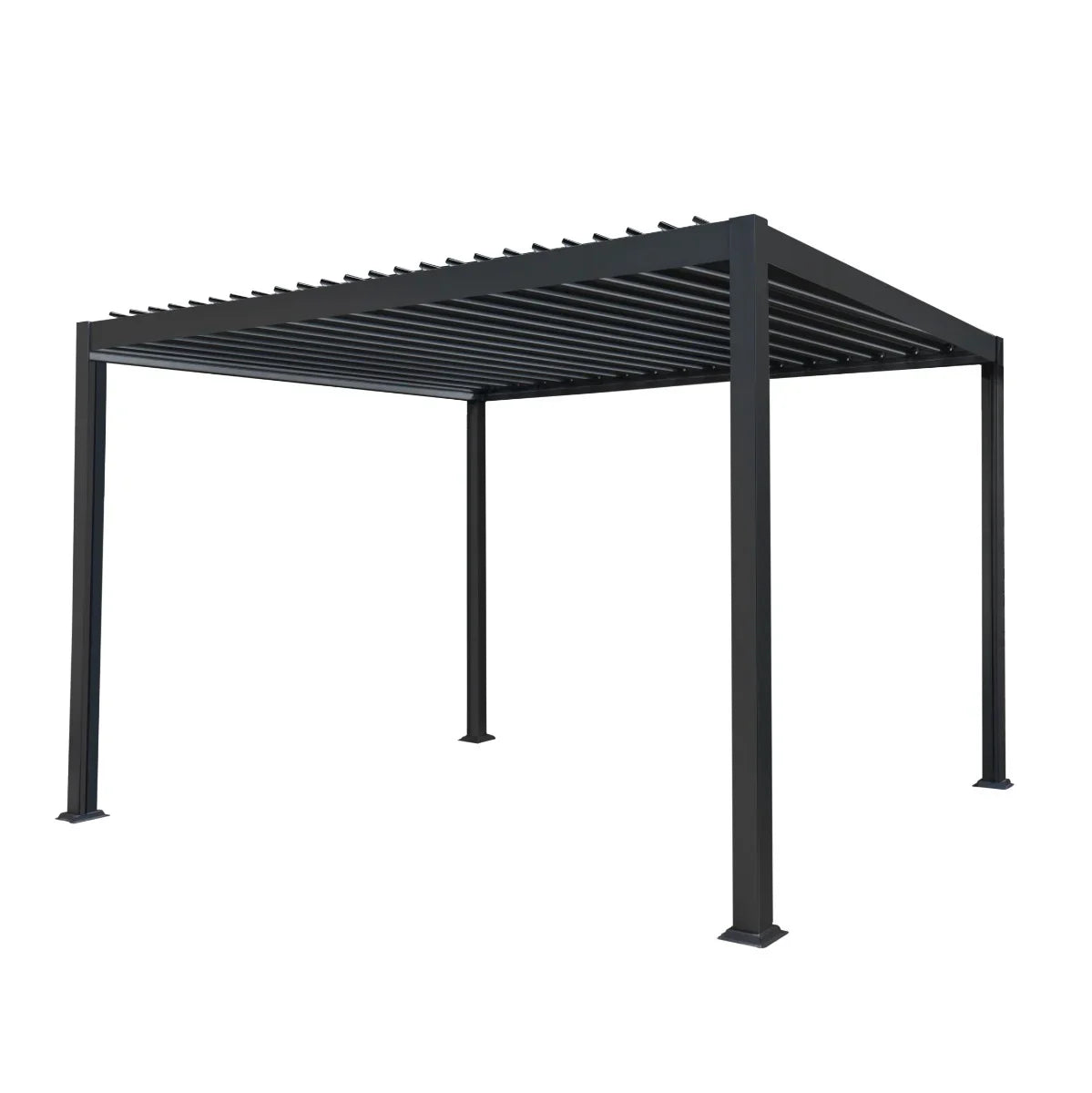 Anthracite aluminium pergola measuring 3m x 4m with a sleek, modern design and slatted roof for adjustable shade and style