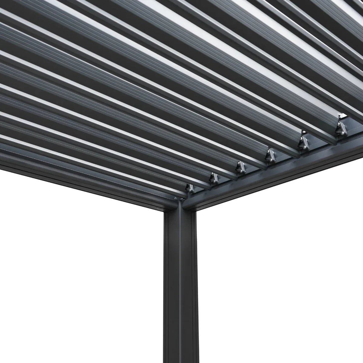 Anthracite aluminum pergola showcasing a sleek, modern design with horizontal slats and sturdy support beams, ideal for outdoor spaces