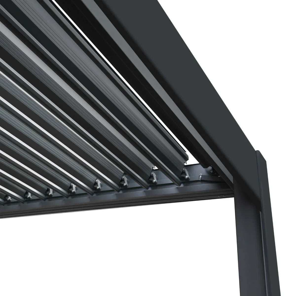 Anthracite aluminum pergola showcasing a sleek, modern design with adjustable slats for optimal sunlight control and weather protection