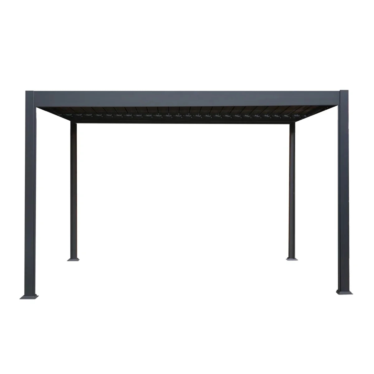 Anthracite aluminium pergola measuring 3m x 4m, featuring a sleek, modern design with a sturdy frame and slatted roof for shade