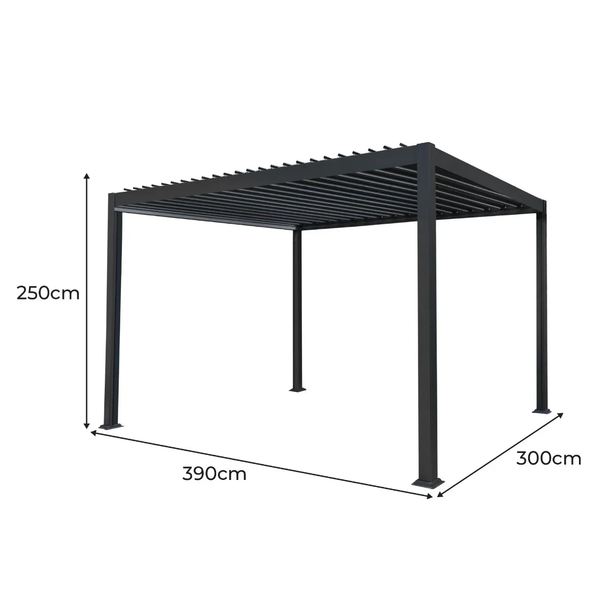 Anthracite aluminum pergola measuring 3m x 4m, featuring a sleek, modern design with a slatted roof and sturdy posts