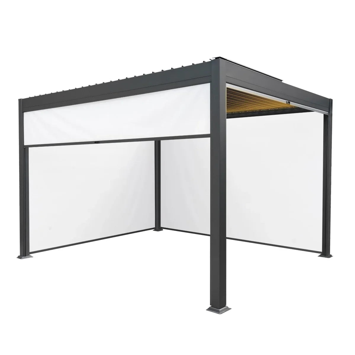 Anthracite aluminium pergola measuring 3m x 4m, featuring white blinds and integrated LED lights for outdoor relaxation