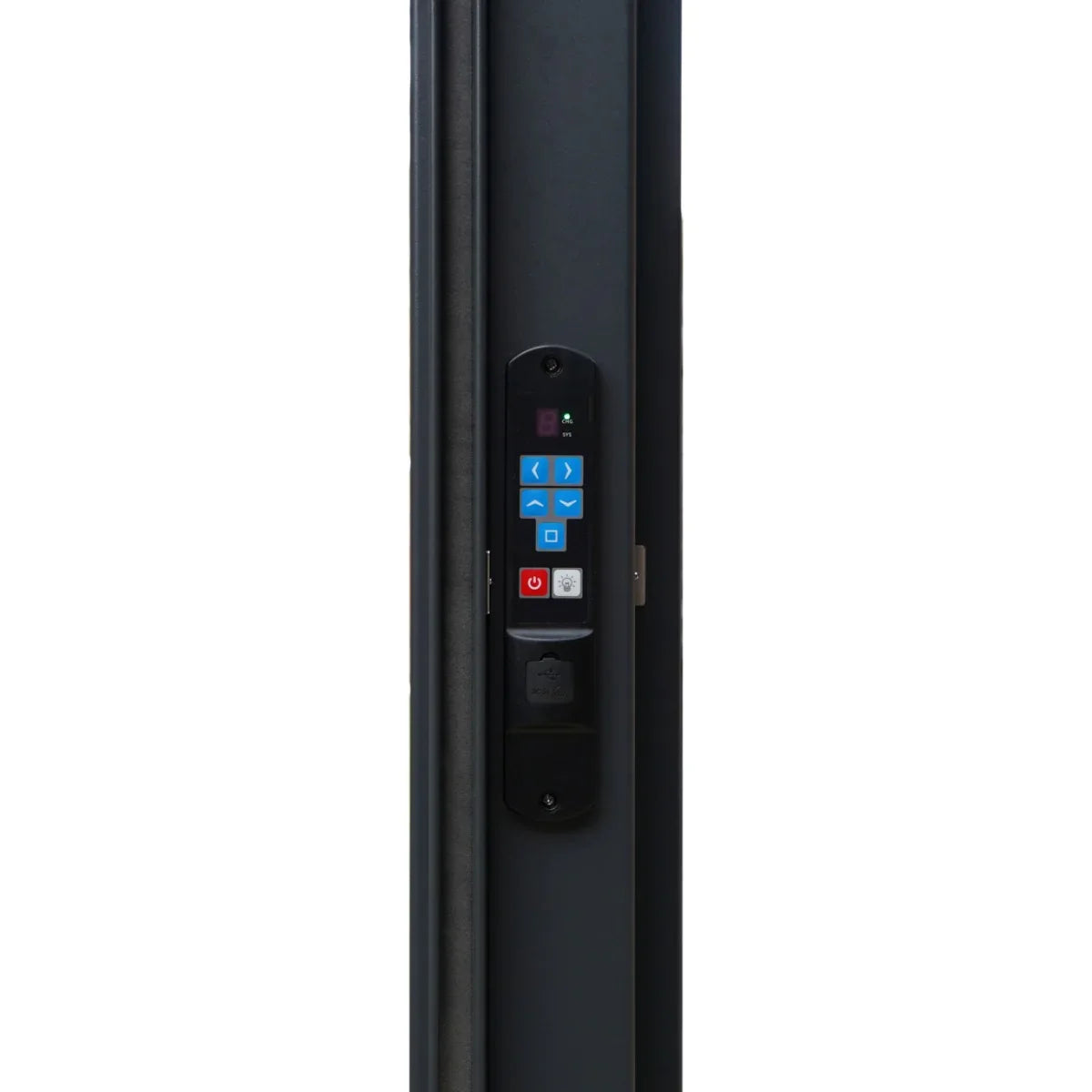 Anthracite aluminium pergola control panel featuring LED light controls and white blind adjustments, sleek and modern design