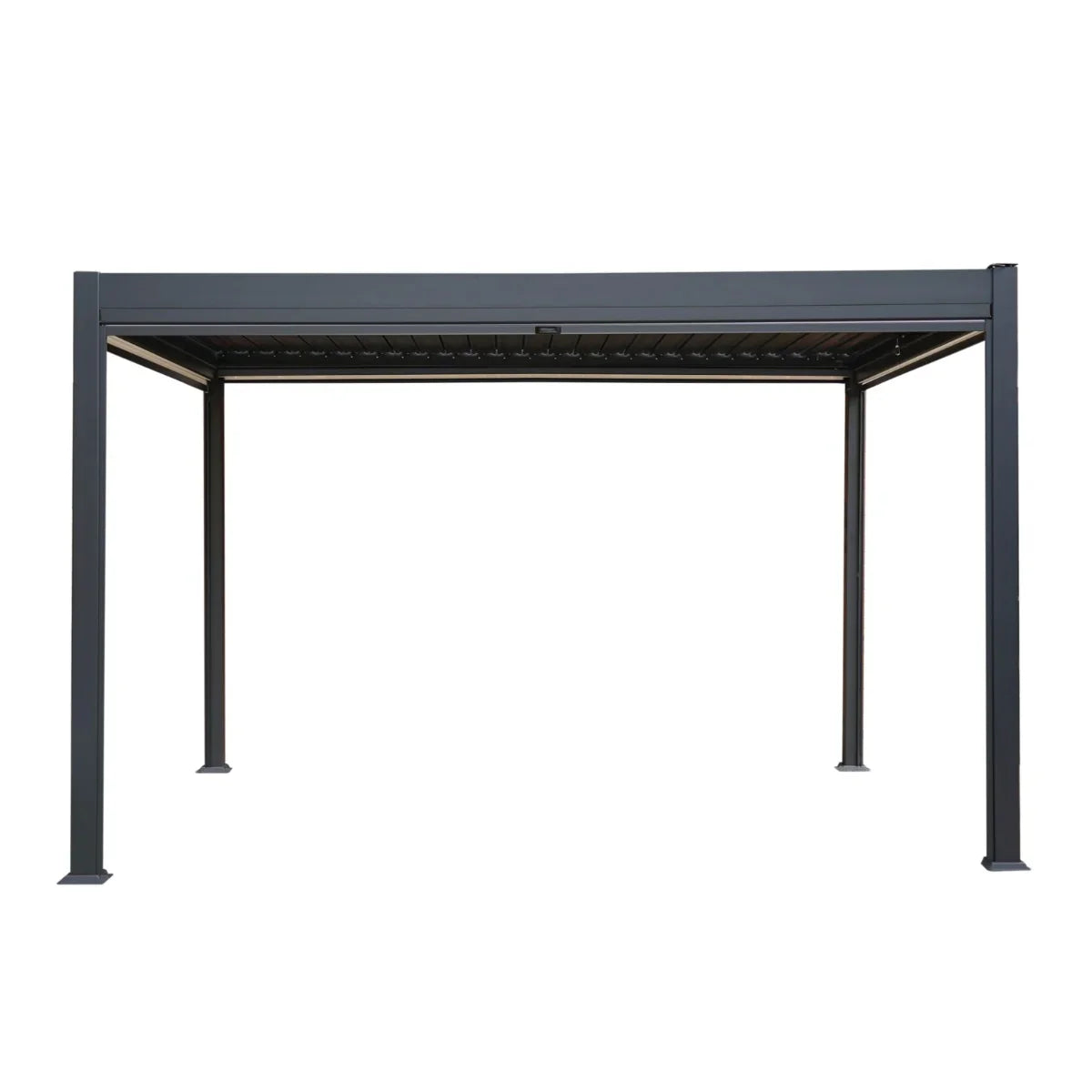 Anthracite aluminium pergola with sleek design, featuring white blinds and integrated LED lights, measuring 3m x 4m