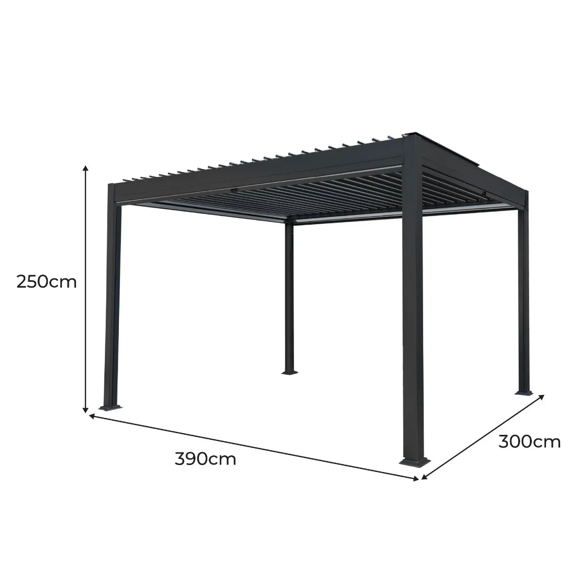 Anthracite aluminum pergola measuring 3m x 4m with sleek lines, adjustable slats, and integrated LED lights for outdoor elegance