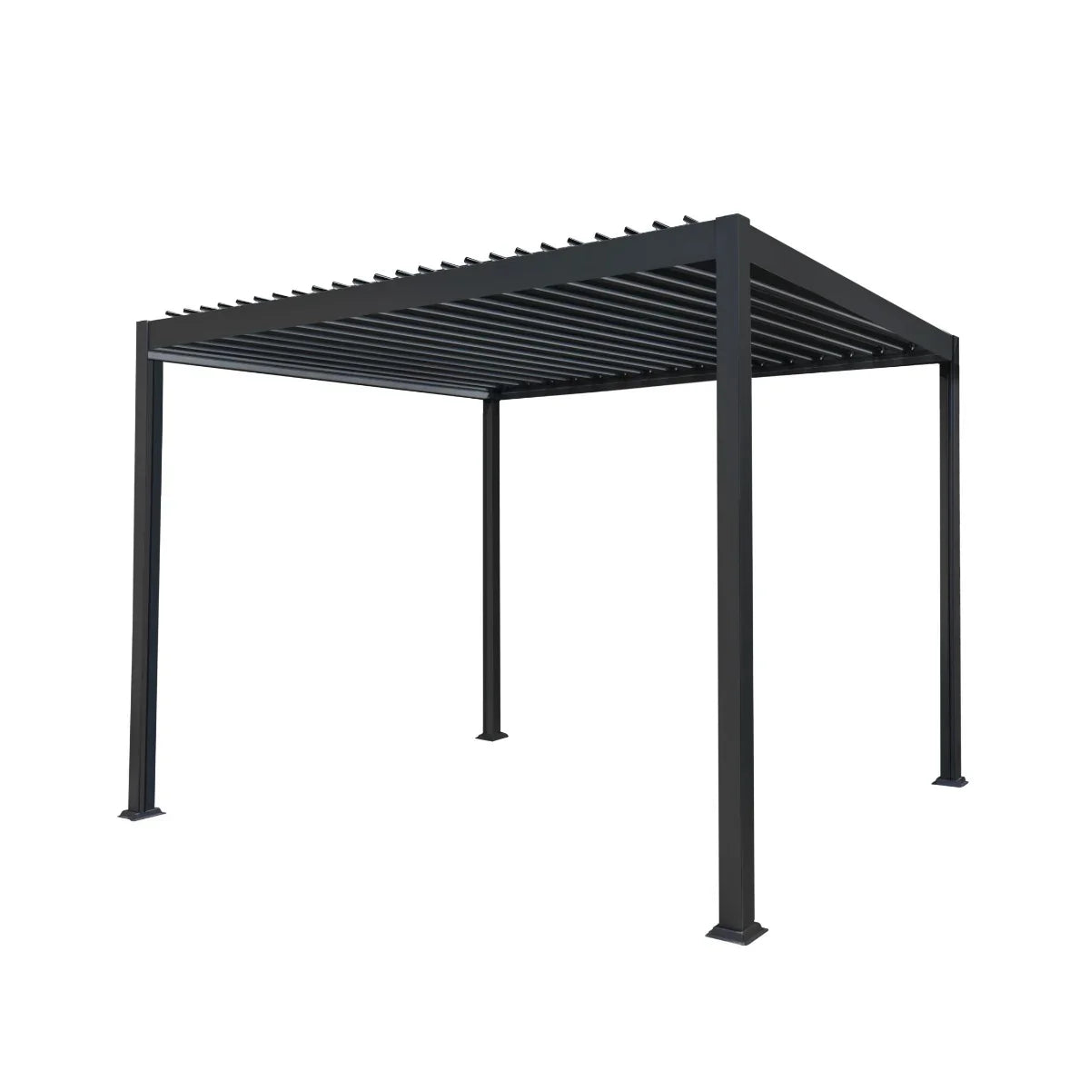 Anthracite aluminium pergola measuring 3m x 3m, featuring a sleek, modern design with horizontal slats and sturdy legs