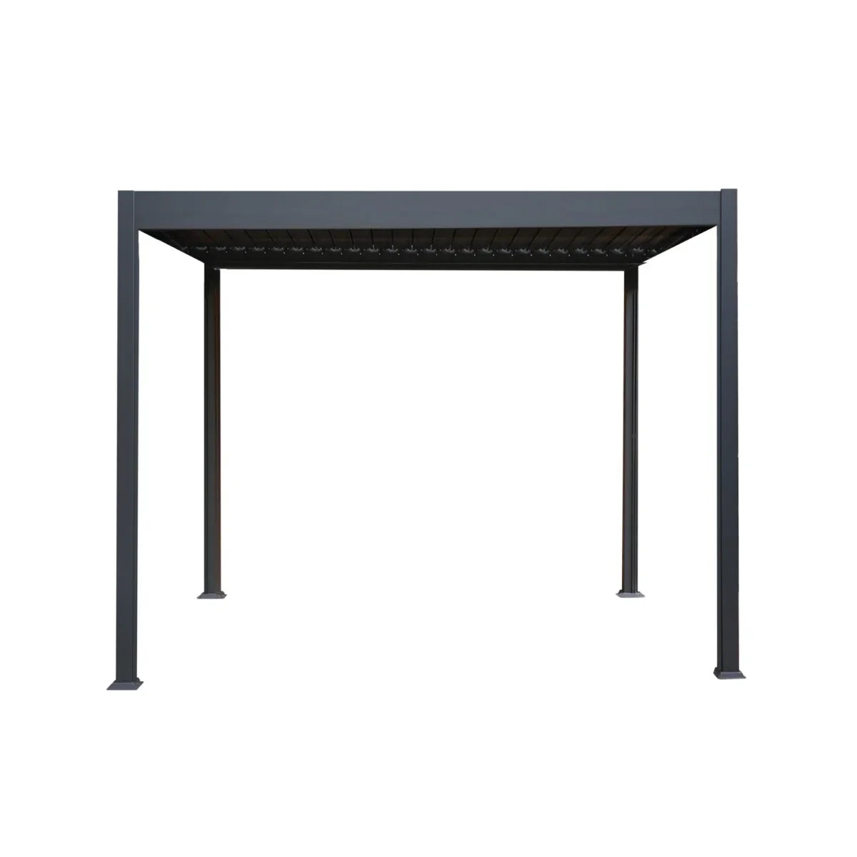 Anthracite aluminium pergola measuring 3m x 3m, featuring a sleek, modern design with a sturdy frame and adjustable slats for shade