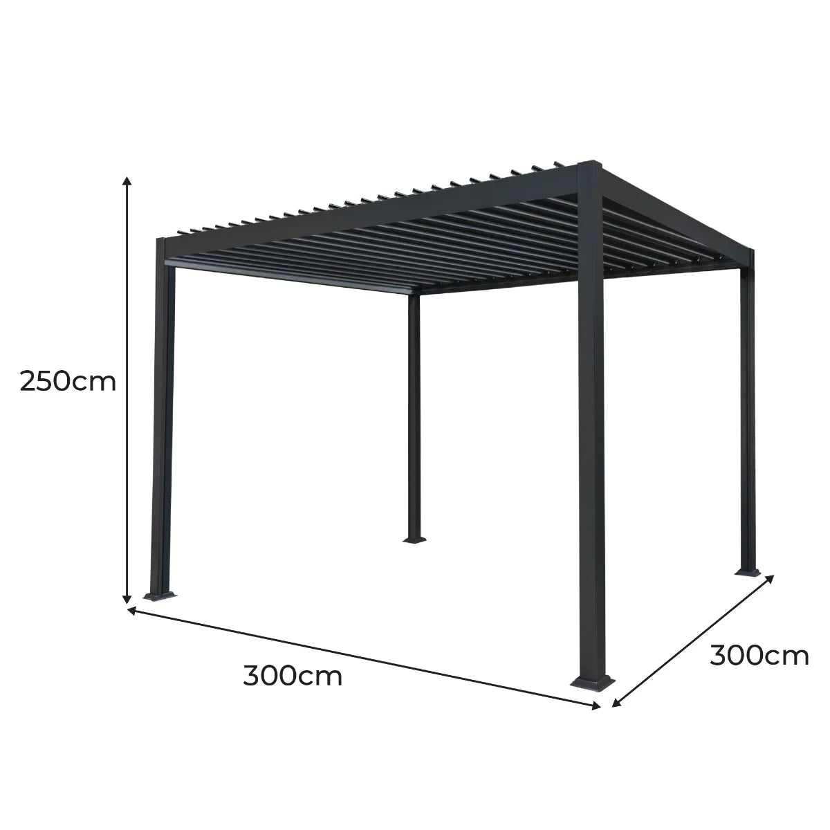 Anthracite aluminium pergola measuring 3m x 3m with a sleek, modern design and adjustable slatted roof for versatile shading
