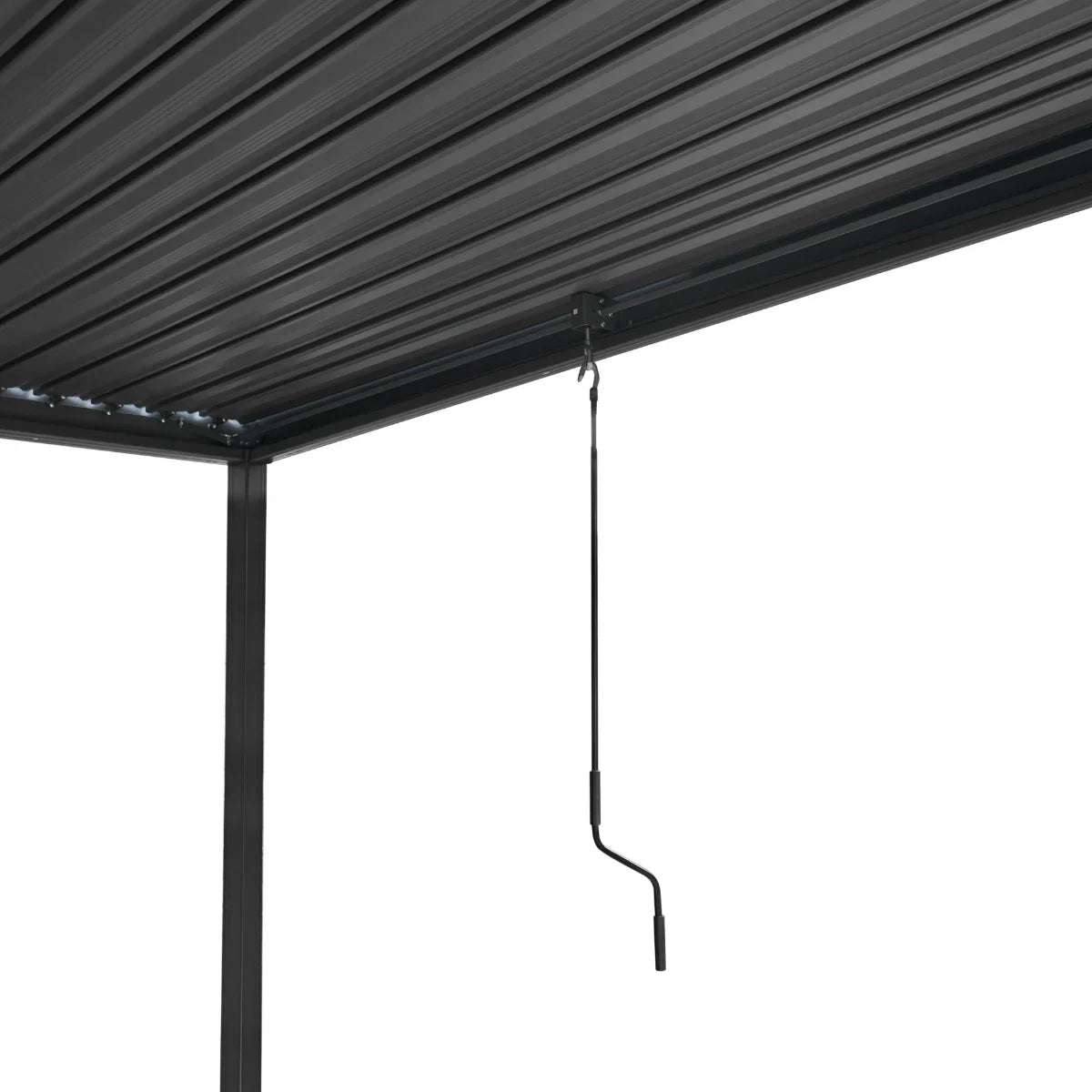 Anthracite aluminium pergola with a sleek, modern design featuring a textured roof and a pull-down mechanism for adjustable shade