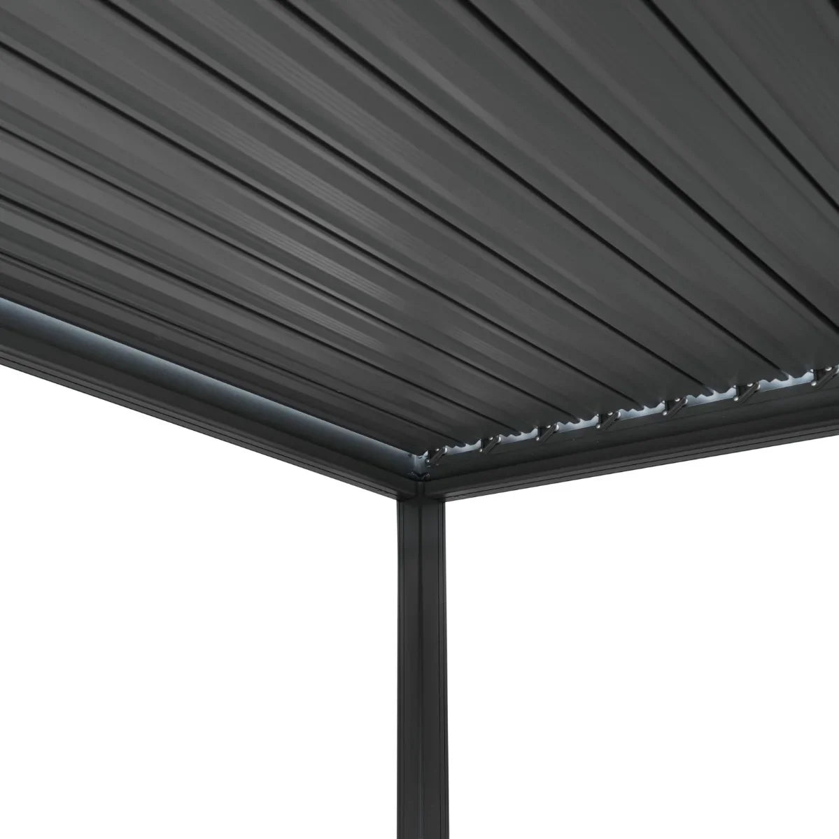 Anthracite aluminum pergola with a sleek, modern design, featuring a sturdy frame and textured roof panels for outdoor shade
