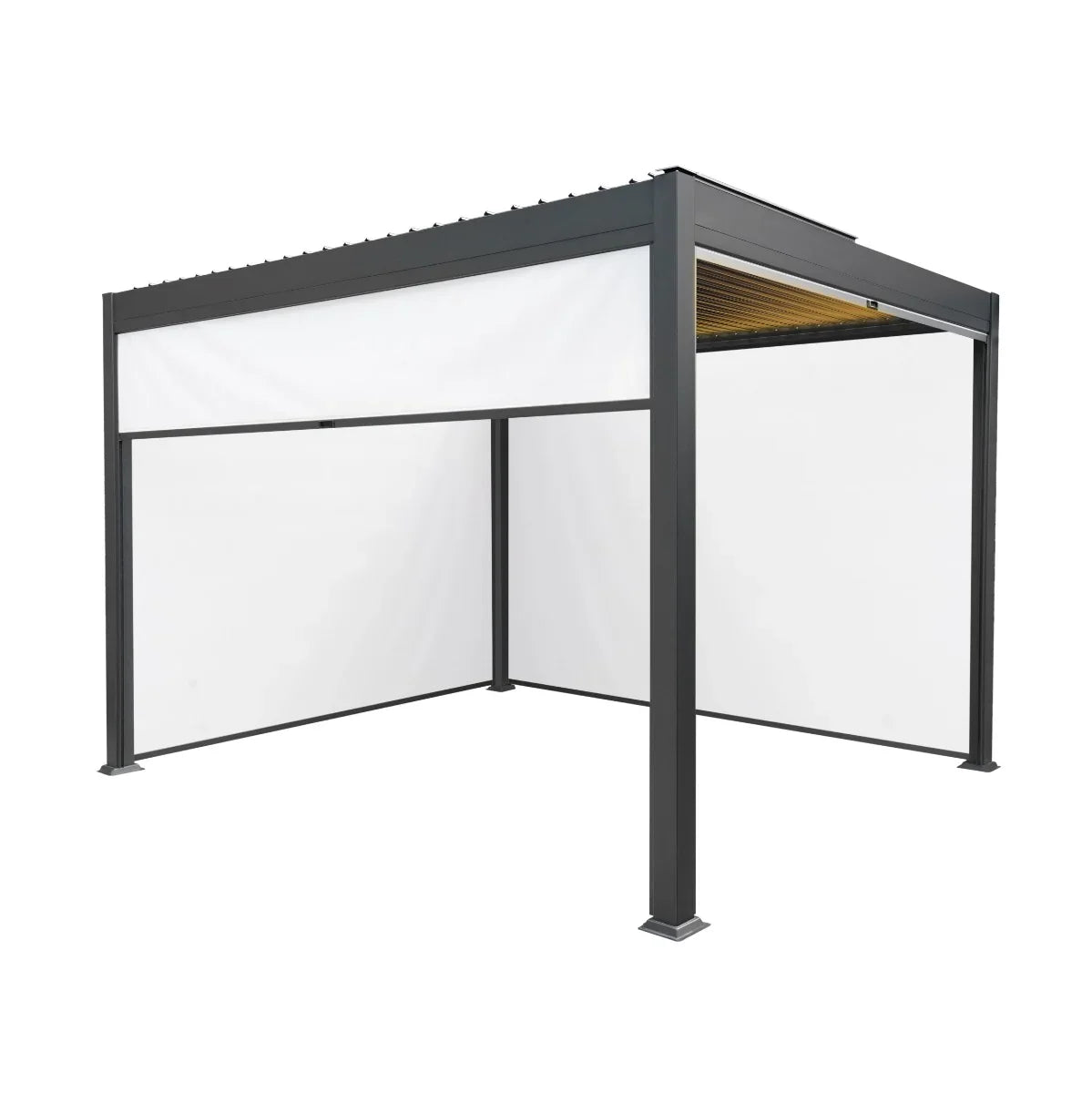 Anthracite aluminium pergola with white blinds and integrated LED lights, featuring a modern square design, 3m x 3m size