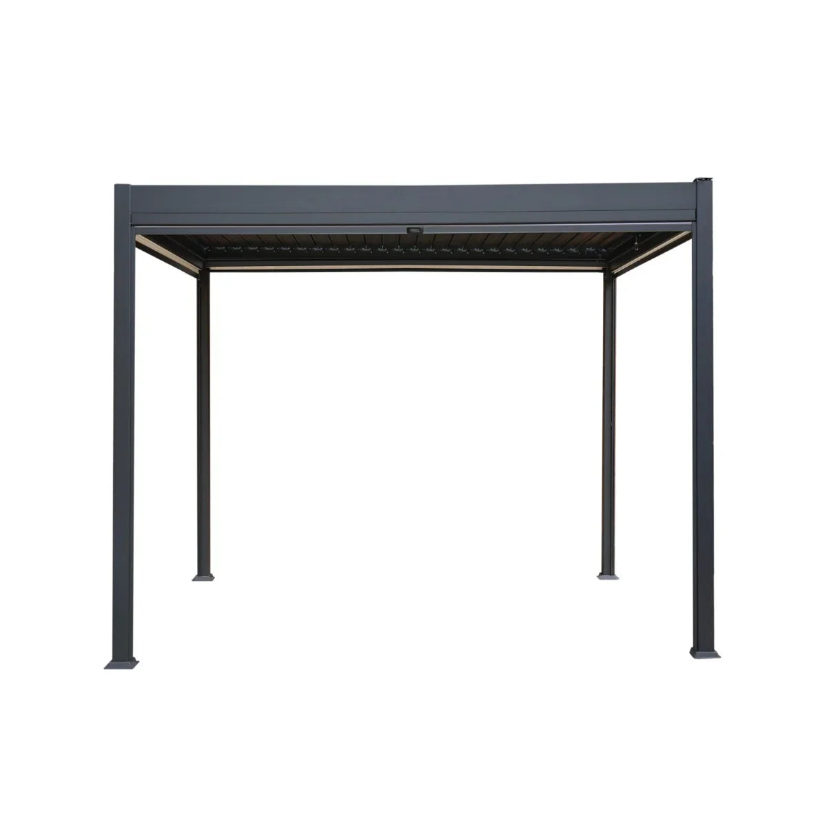 Anthracite aluminum pergola with a sleek design, featuring white blinds and integrated LED lights, measuring 3m x 3m