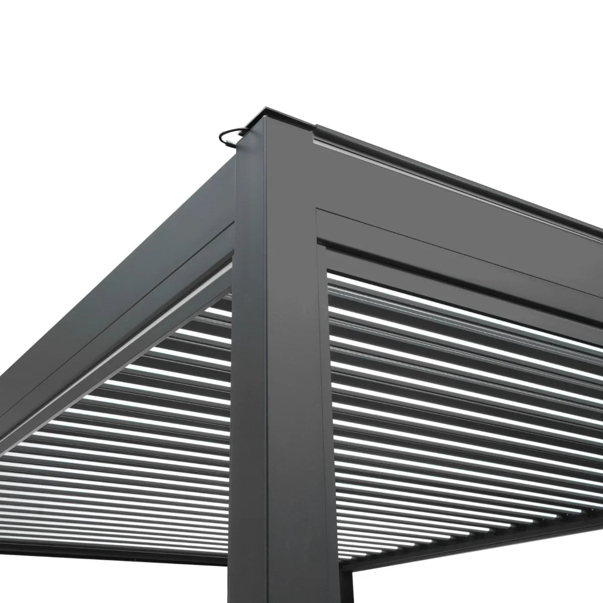 Anthracite aluminum pergola featuring sleek slatted roof design, white blinds, and integrated LED lights, ideal for outdoor spaces