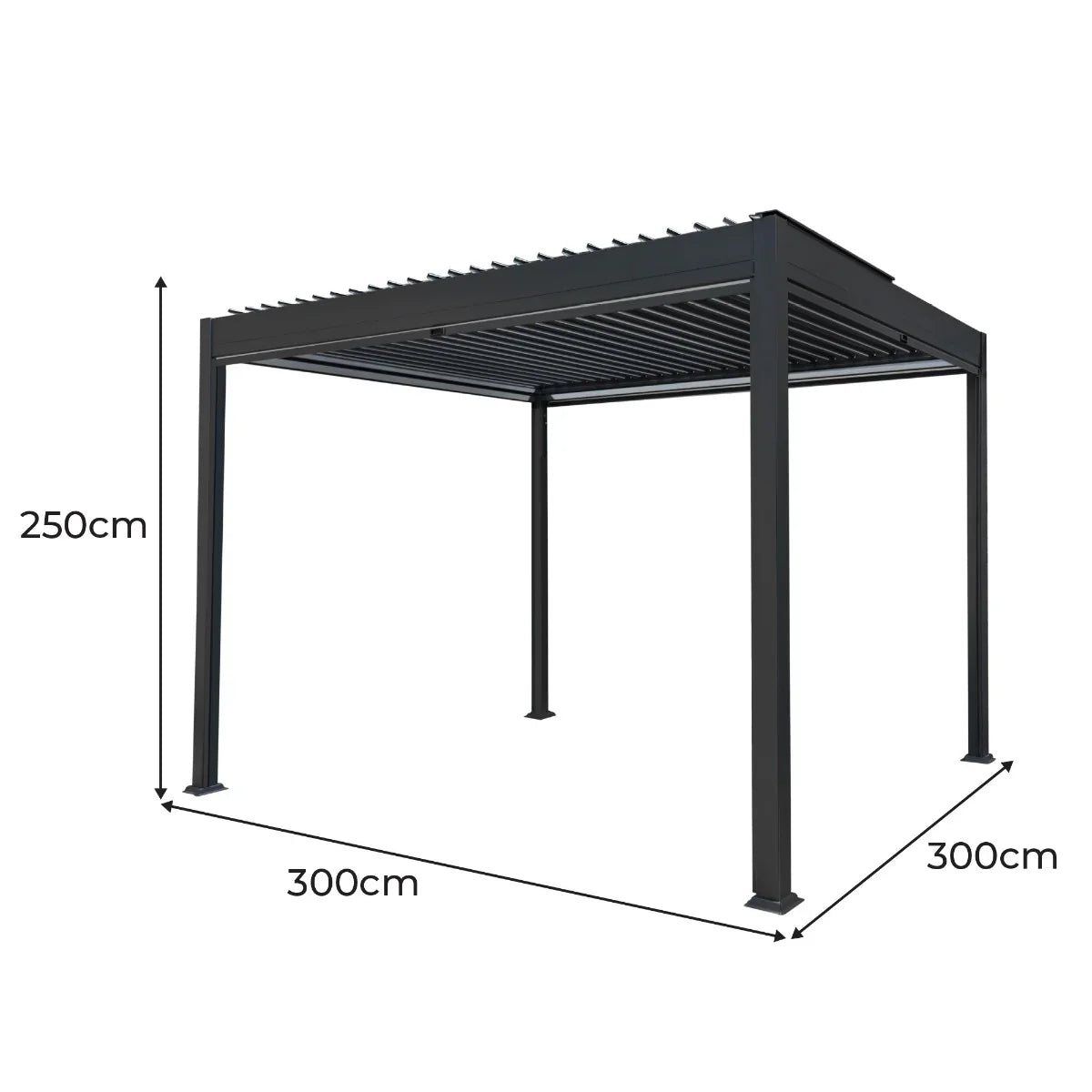 Anthracite aluminium pergola with adjustable slats, white blinds, and integrated LED lights, measuring 3m x 3m, ideal for outdoor spaces