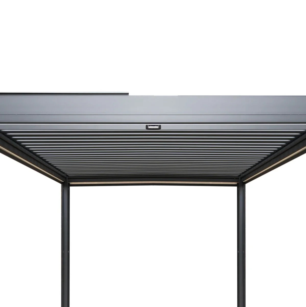 Anthracite aluminum pergola featuring sleek lines, white blinds, and integrated LED lights, ideal for outdoor relaxation spaces