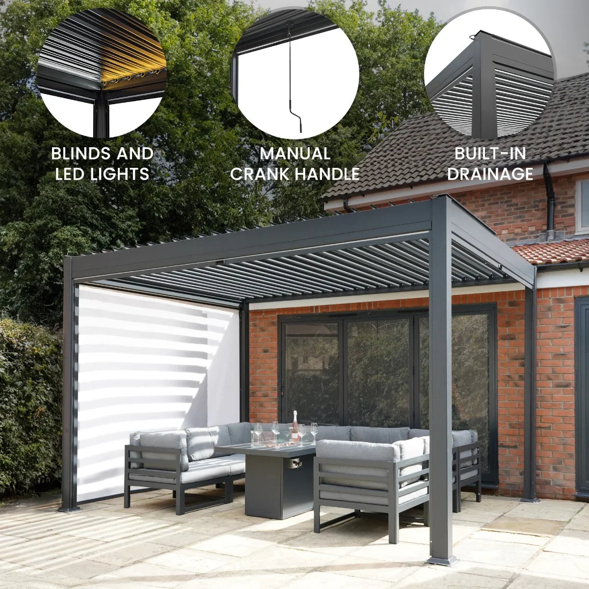Anthracite aluminium pergola with white blinds, LED lights, and a manual crank handle, featuring built-in drainage and a modern design
