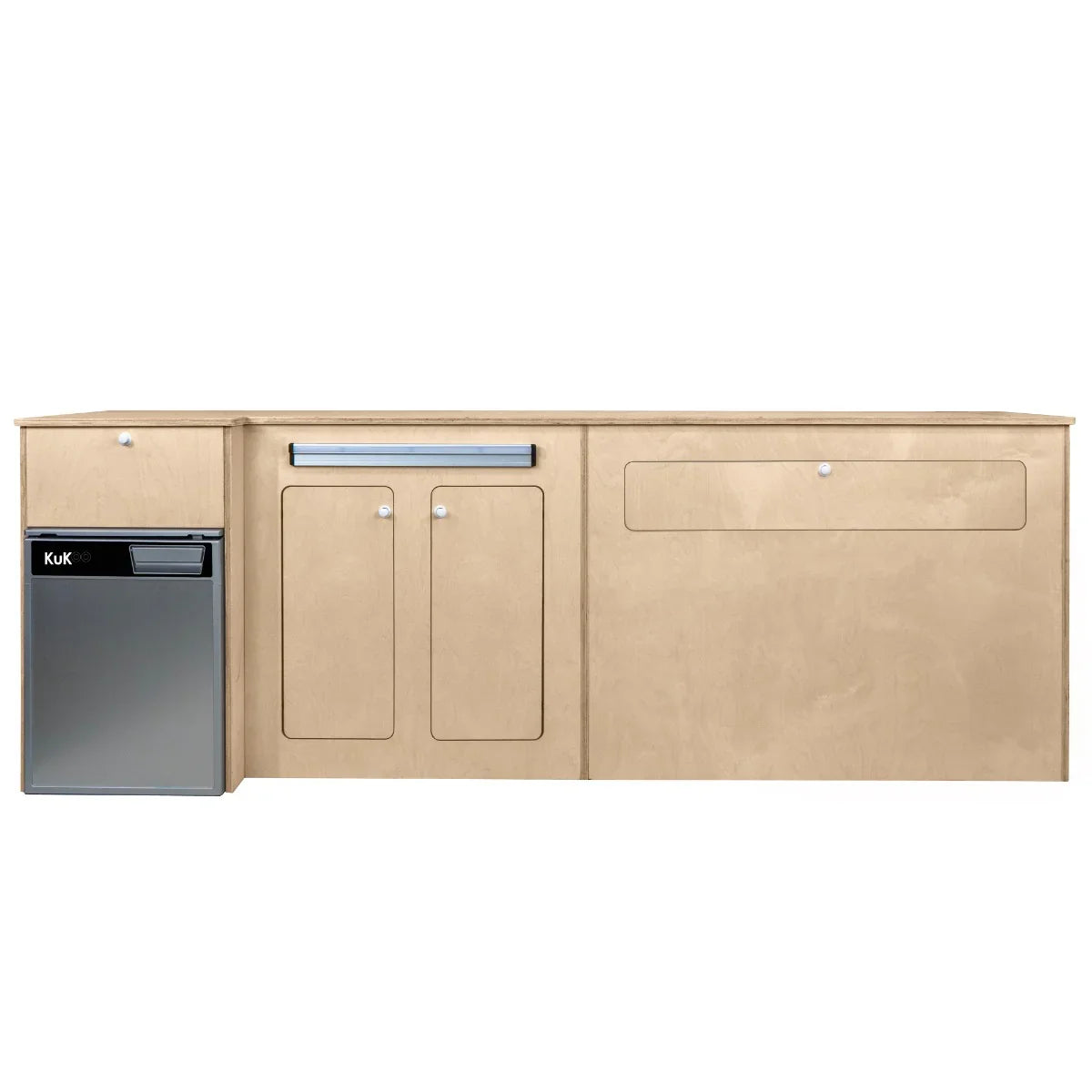 Camper Kitchen Pod in light wood finish with silver compressor fridge, featuring sleek lines and modern design, ideal for outdoor cooking