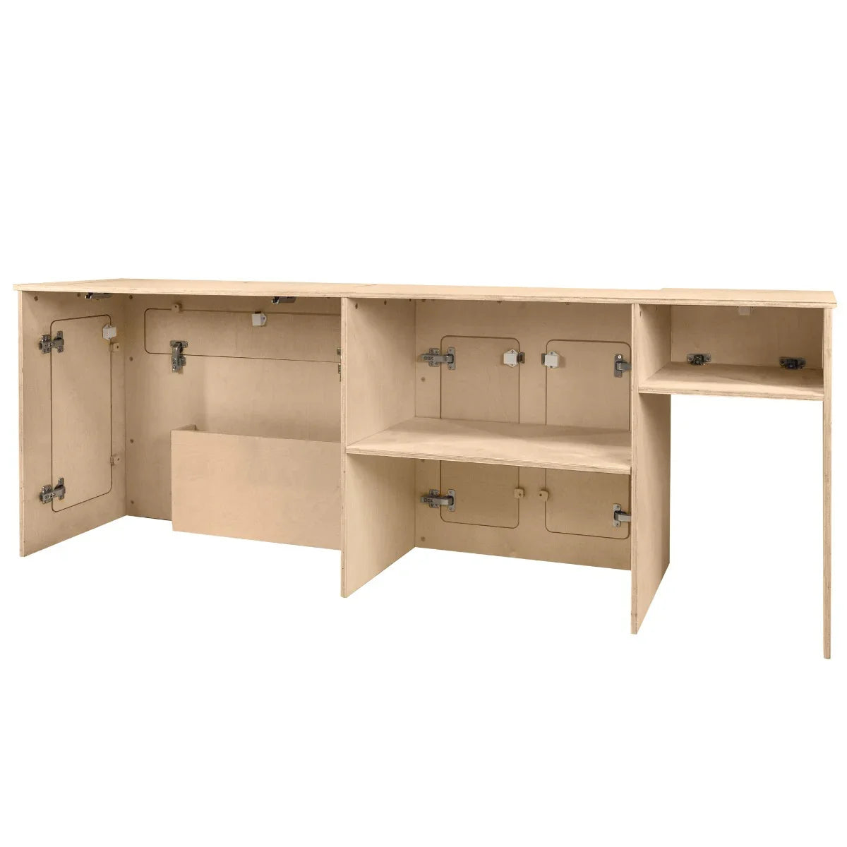 Camper Kitchen Pod in light wood with multiple storage compartments, featuring sleek lines and a modern design for efficient space use