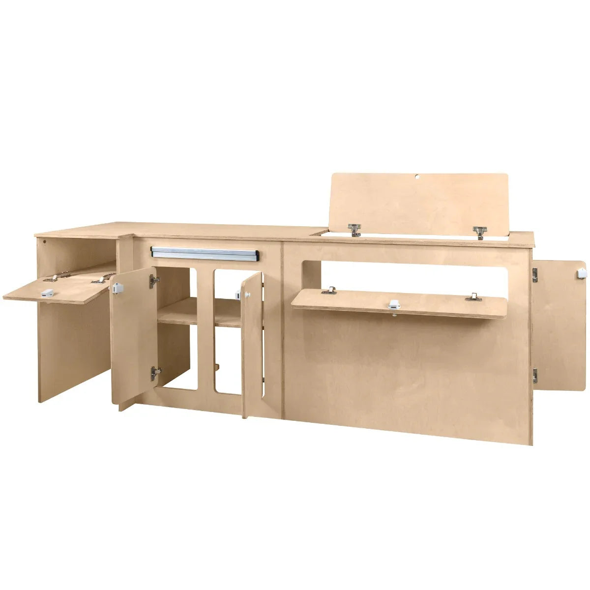 Camper Kitchen Pod in light wood finish with multiple storage compartments, foldable surfaces, and sleek modern design for outdoor cooking