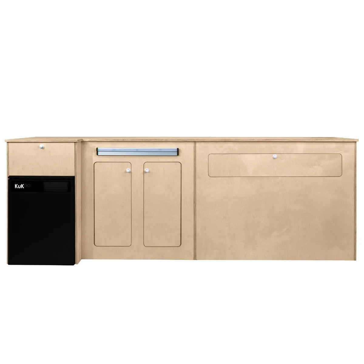 Camper Kitchen Pod in light wood finish with sleek black compressor fridge, featuring storage cabinets and a smooth countertop