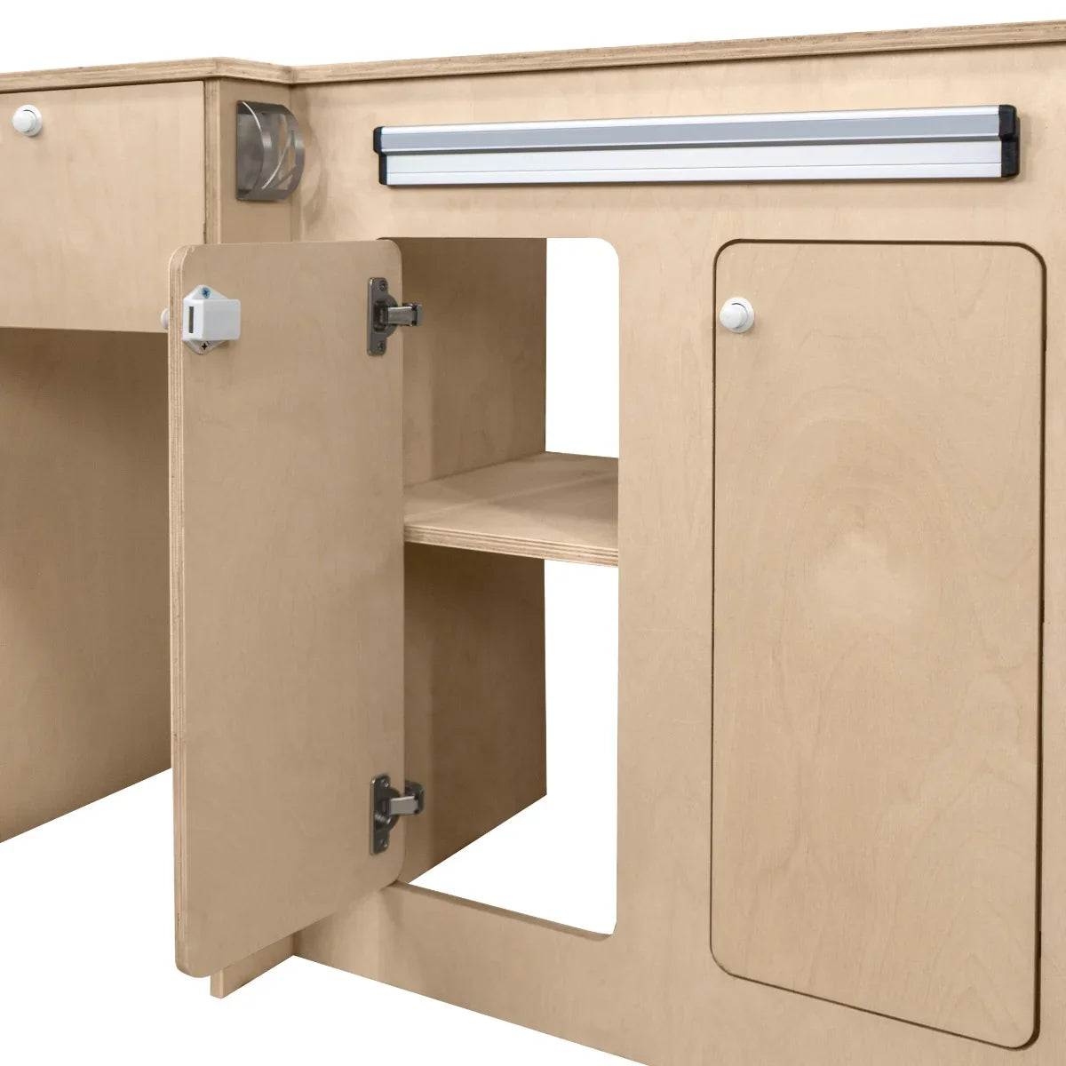 Camper Kitchen Pod featuring a light wood finish, sleek design, open storage space, and a black compressor fridge compartment