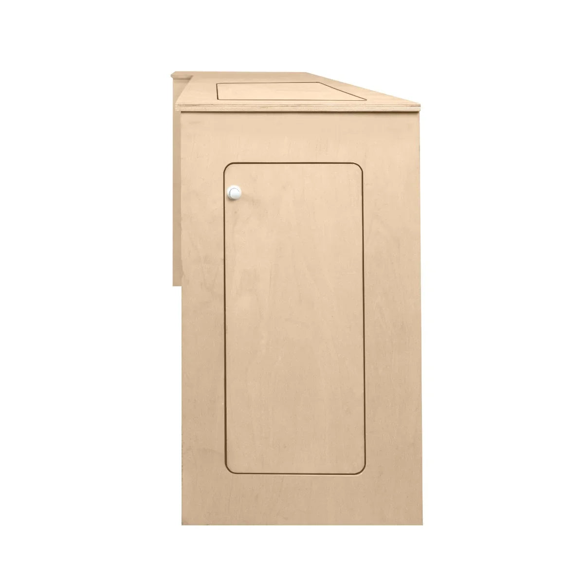 Camper Kitchen Pod in light wood finish with a sleek design, featuring a side access door for storage and a smooth countertop surface