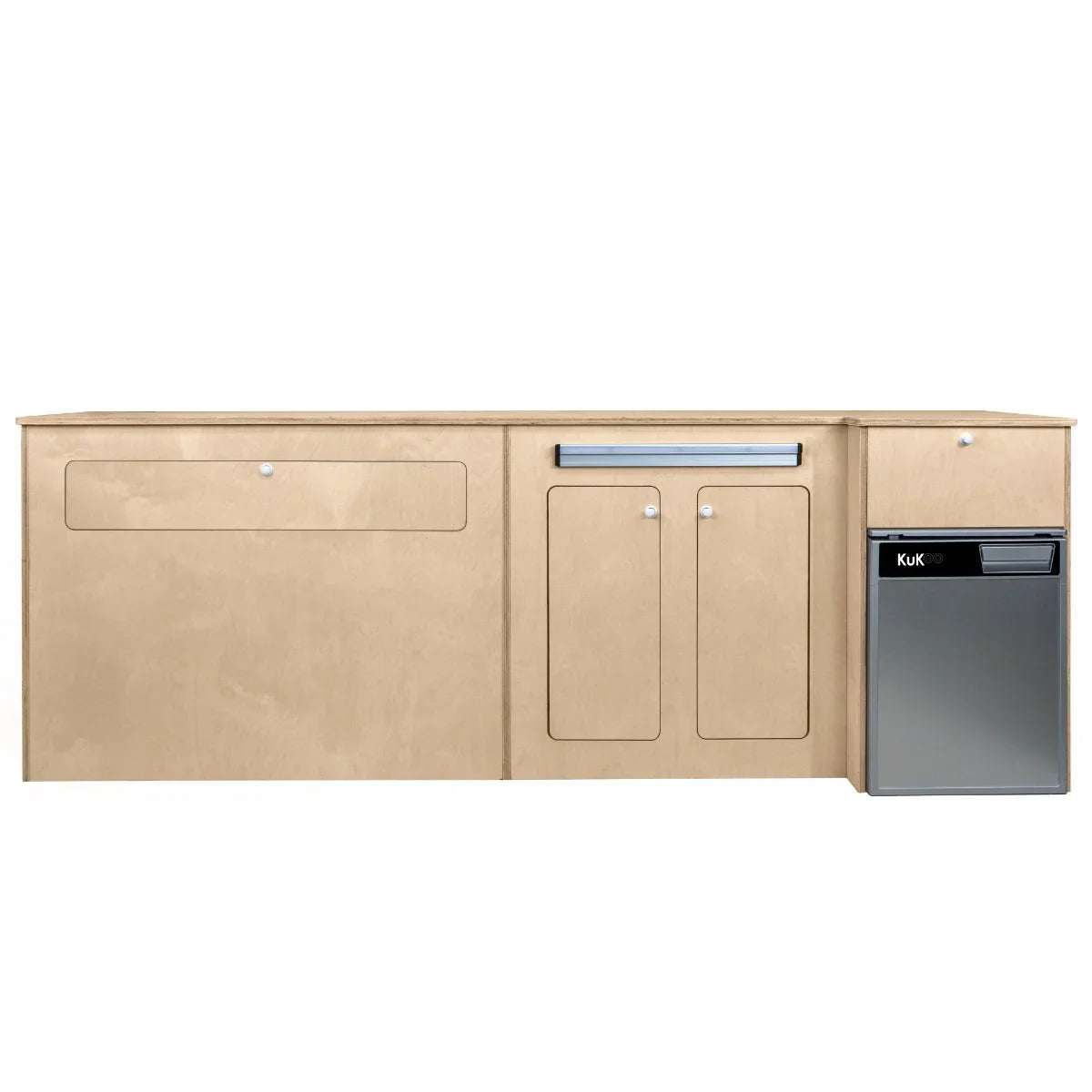 Camper Kitchen Pod in light wood finish with sleek silver compressor fridge, featuring smooth surfaces and modern design elements