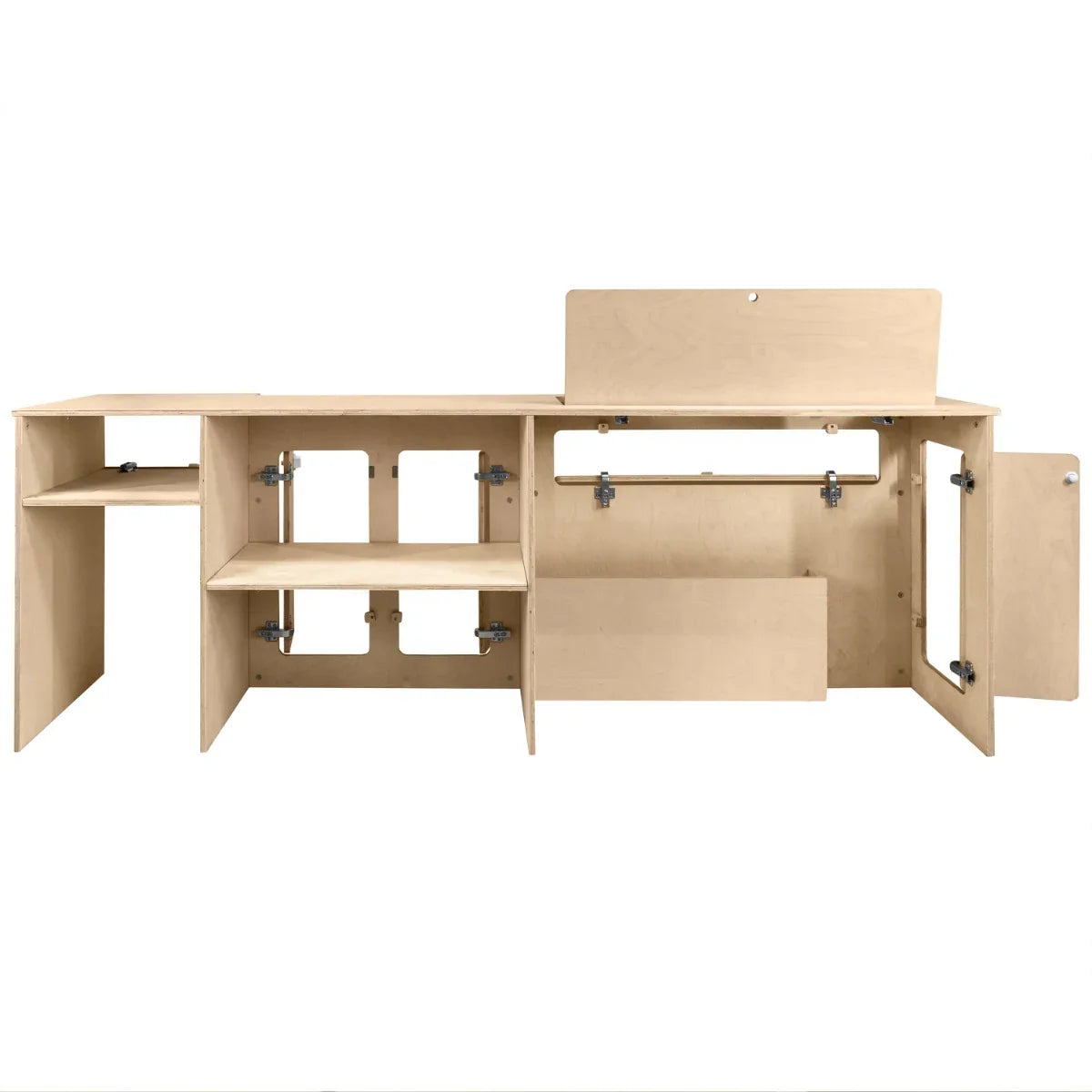 Light wood Camper Kitchen Pod with multiple storage compartments, shelves, and a sleek design, ideal for outdoor cooking setups
