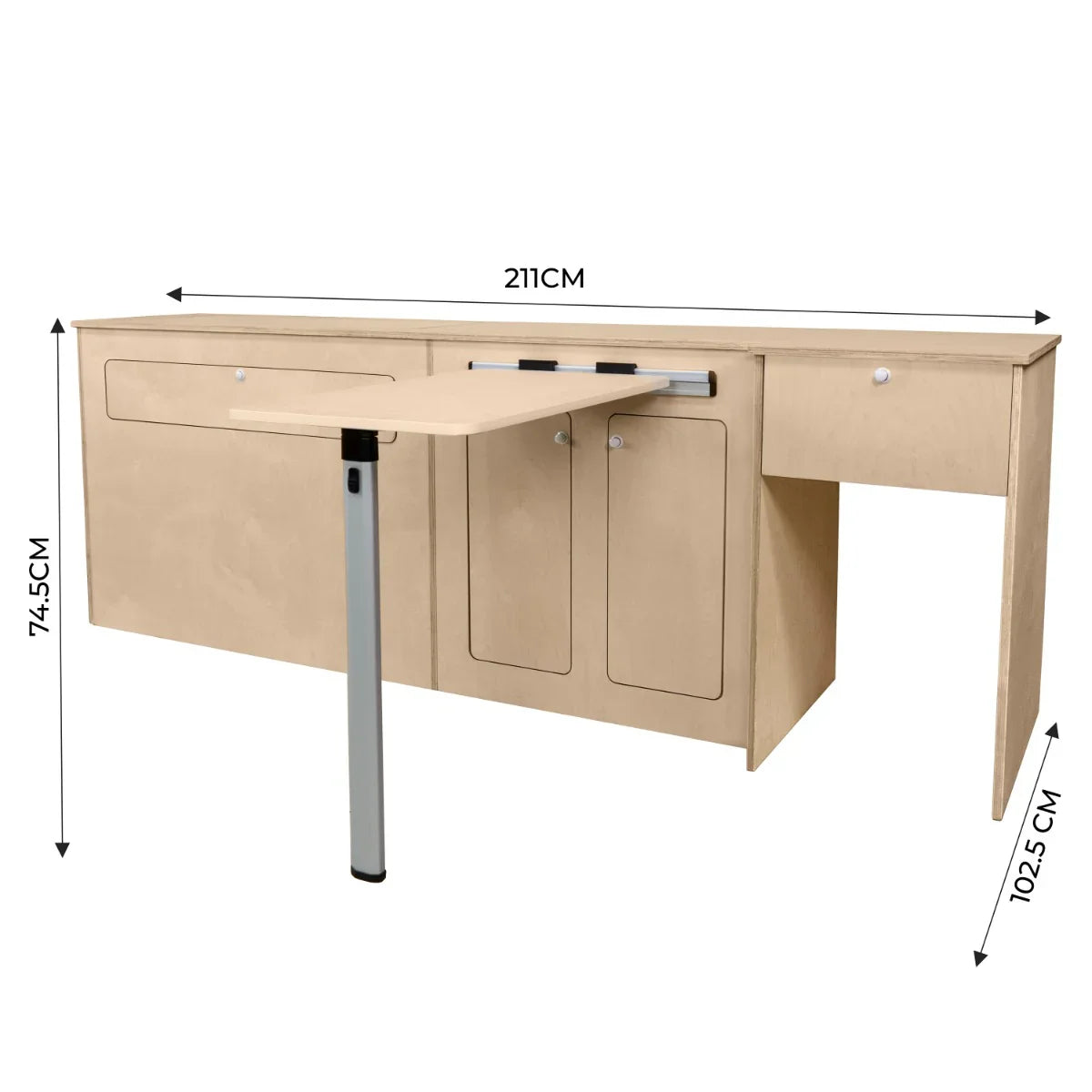 Camper Kitchen Pod in light wood with a pull-out table, two cabinets, and a drawer, measuring 211cm wide and 102.5cm high
