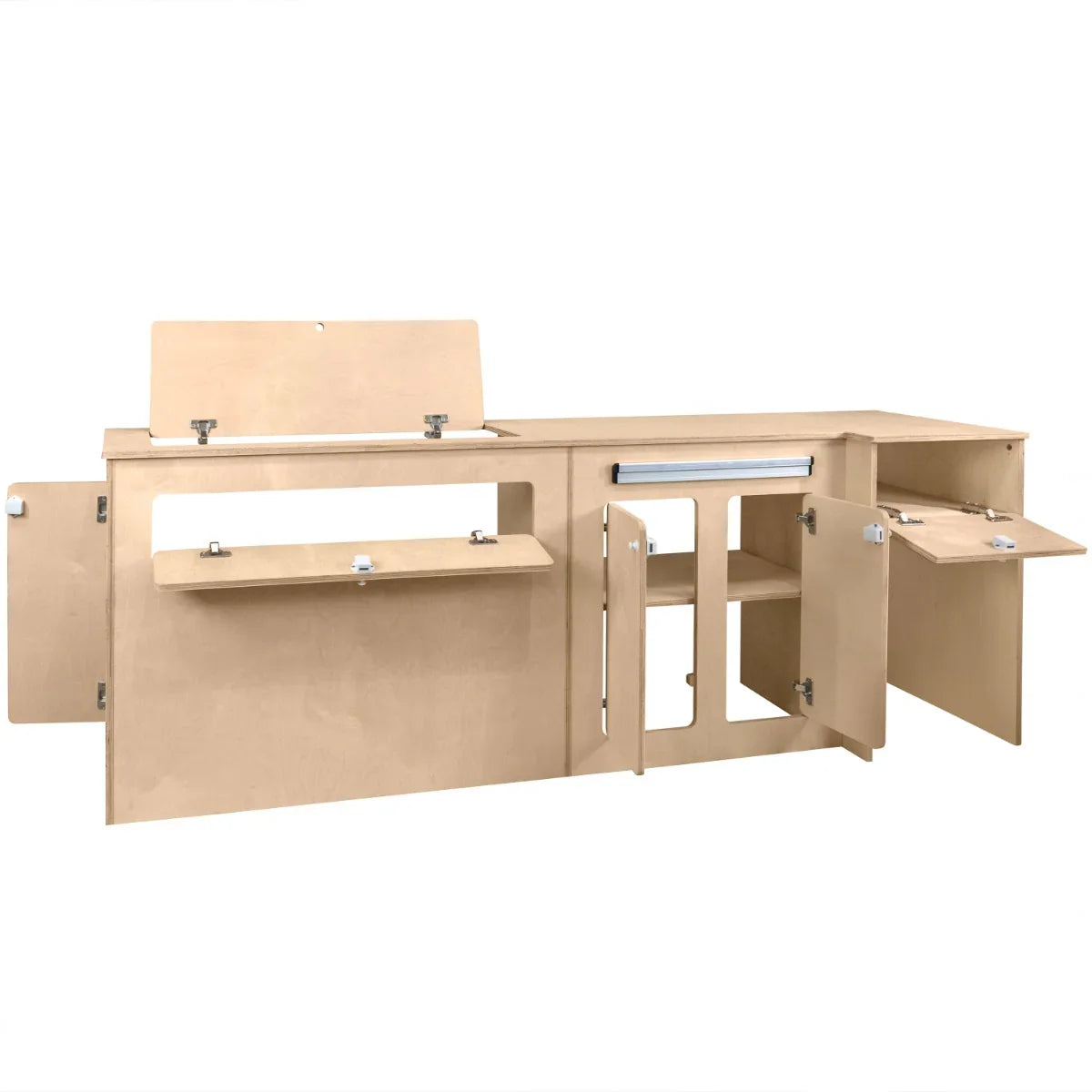 Light wood Camper Kitchen Pod with multiple storage compartments, foldable surfaces, and sleek design, ideal for outdoor cooking