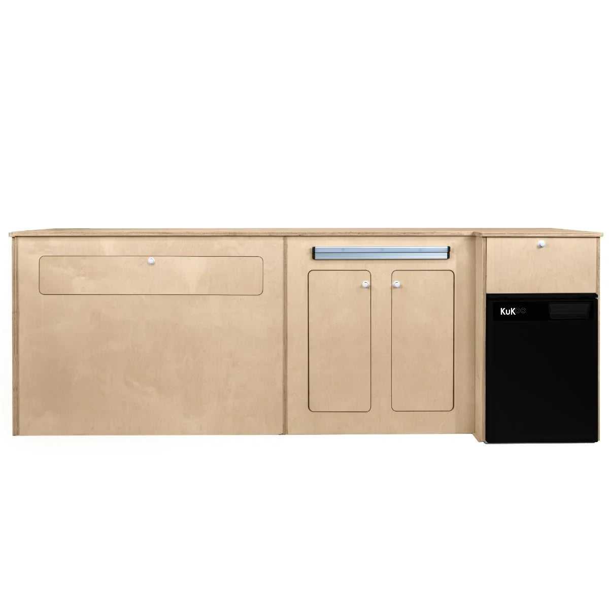 Camper Kitchen Pod in light wood with a black compressor fridge, featuring storage drawers and a sleek countertop design