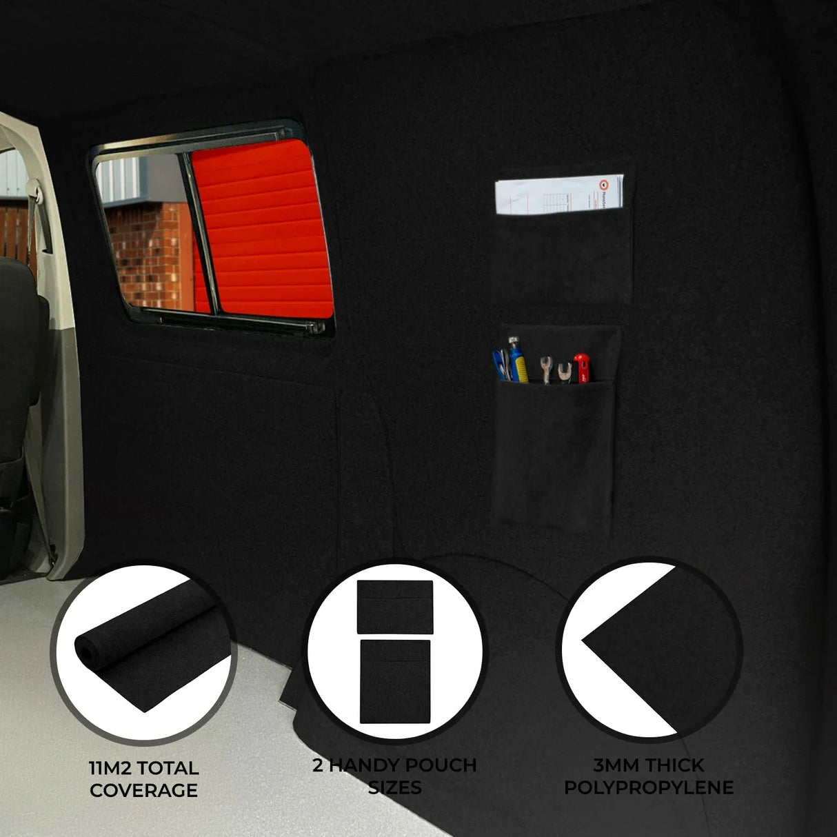 Black van carpet lining with storage pouches, featuring a soft texture, 3mm thick polypropylene, and 11m² total coverage
