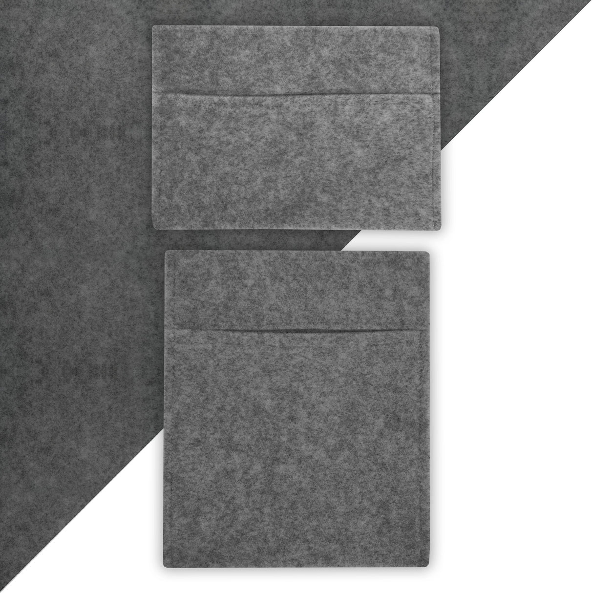 Smoke grey van carpet lining with two storage pouches, featuring a soft felt texture and a sleek, modern design for organized storage