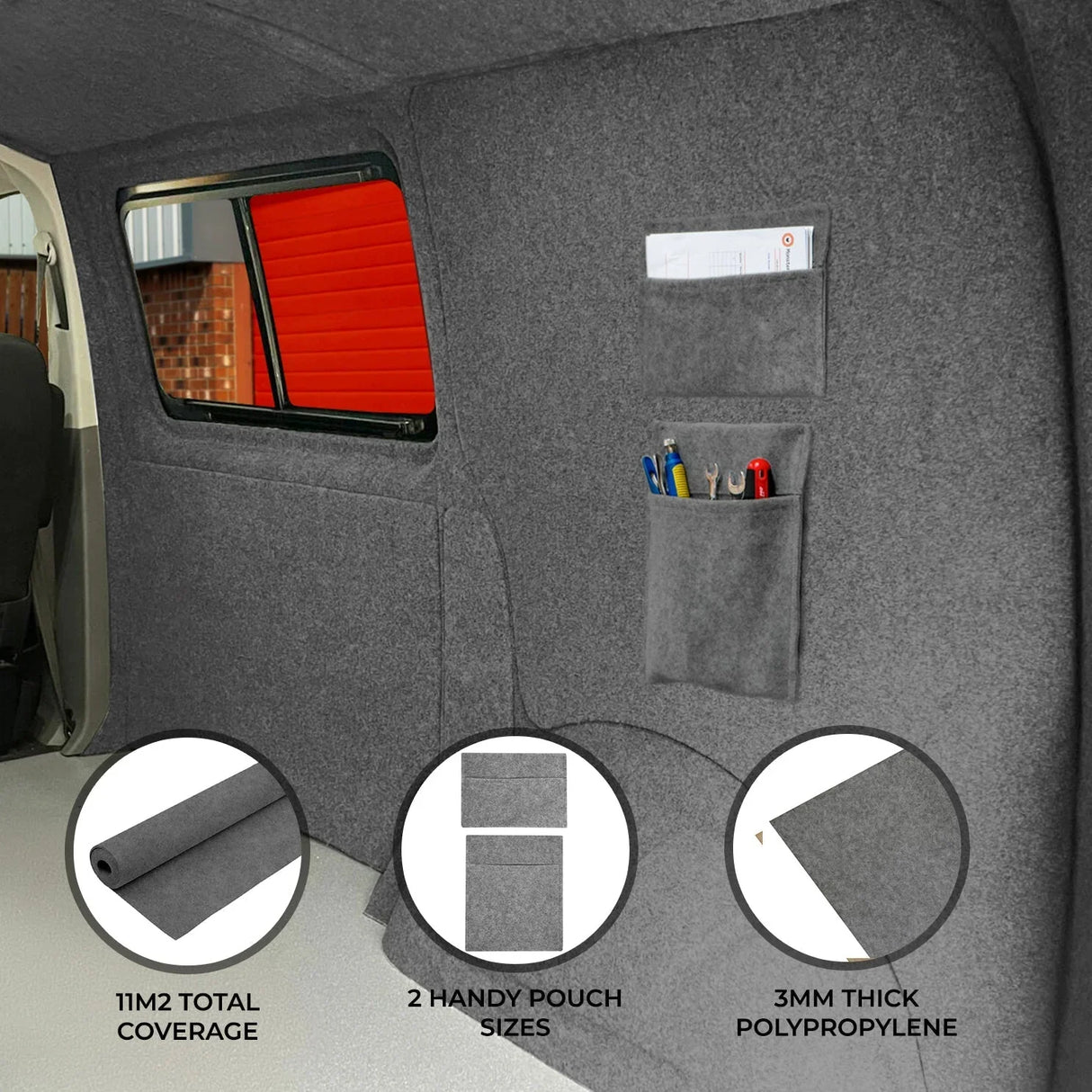Smoke grey van carpet lining with two storage pouches, made of 3mm thick polypropylene, providing 11m² total coverage and practical organization