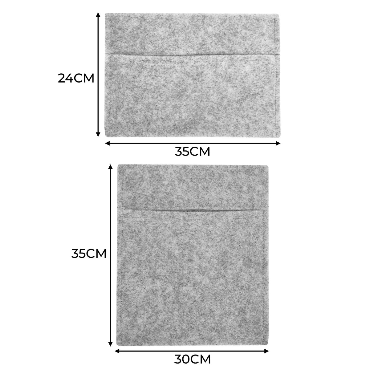 Silver grey van carpet lining and storage pouches, featuring a soft felt texture, with dimensions of 35x35 cm and 24x30 cm