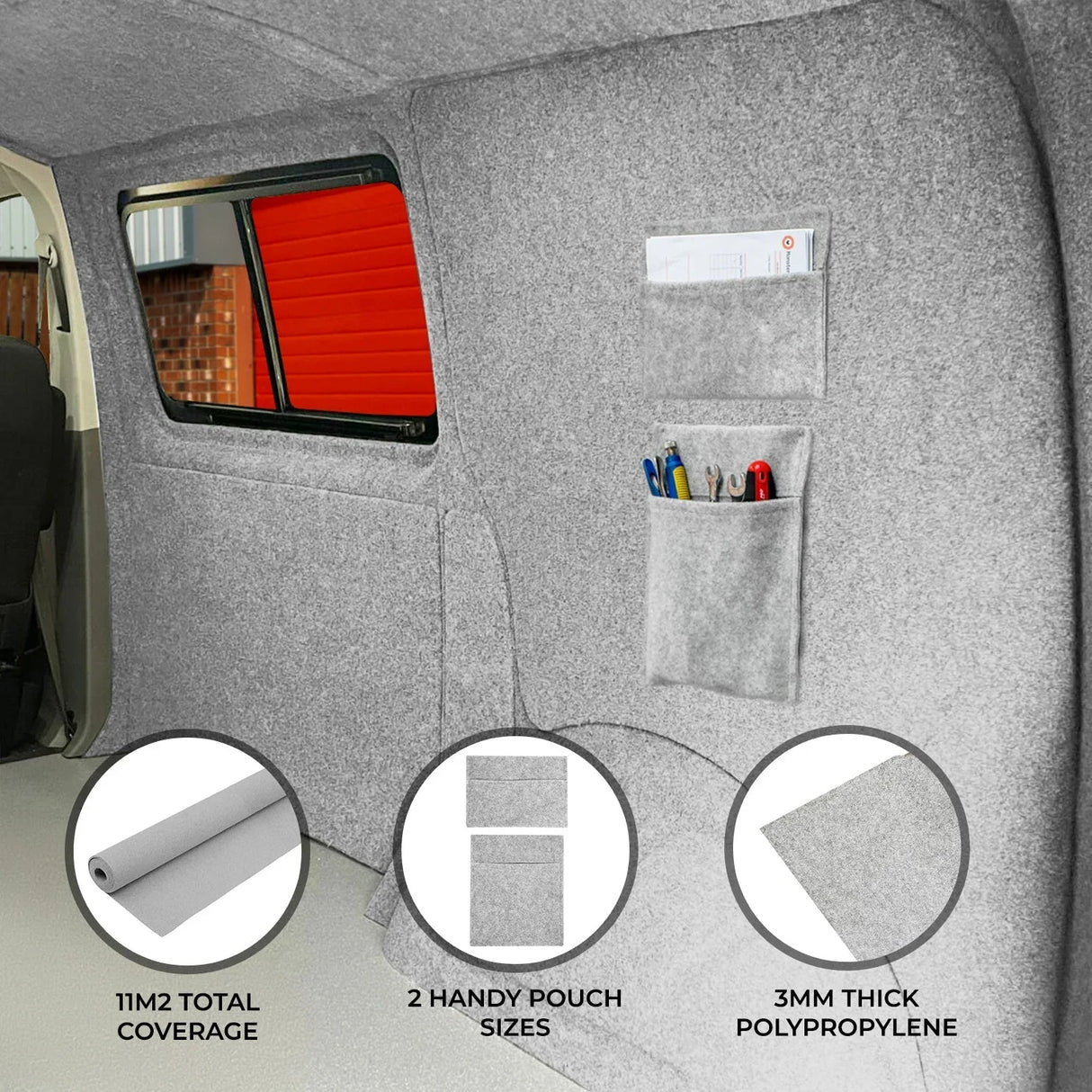 Silver grey van carpet lining with storage pouches, featuring a soft texture and 3mm thick polypropylene for durability and style