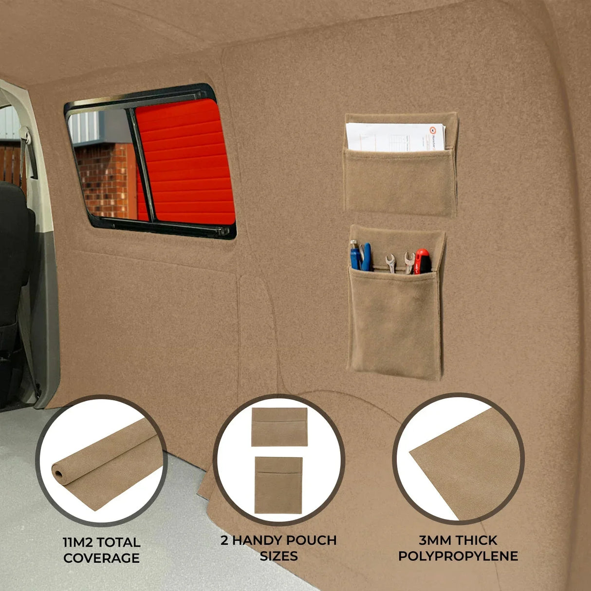 Beige van carpet lining with two storage pouches, made from 3mm thick polypropylene, providing 11m² total coverage for organization