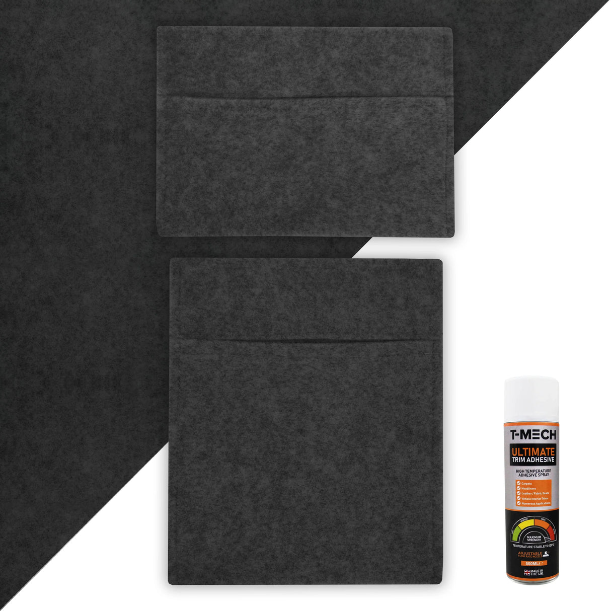 Anthracite grey van carpet lining with two storage pouches and adhesive glue, featuring a soft texture and durable material