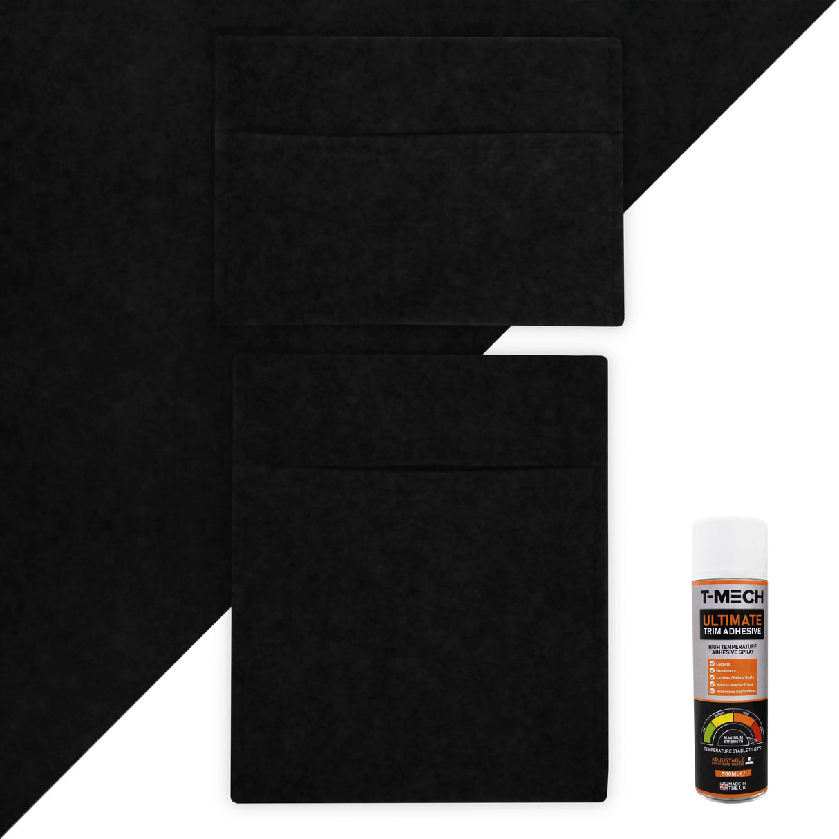 Black van carpet lining with two storage pouches and adhesive glue, featuring a soft texture and durable material for vehicle customization