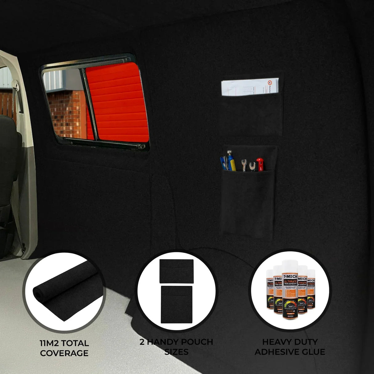 Black van carpet lining with storage pouches, featuring a soft texture, and heavy-duty adhesive glue for easy installation