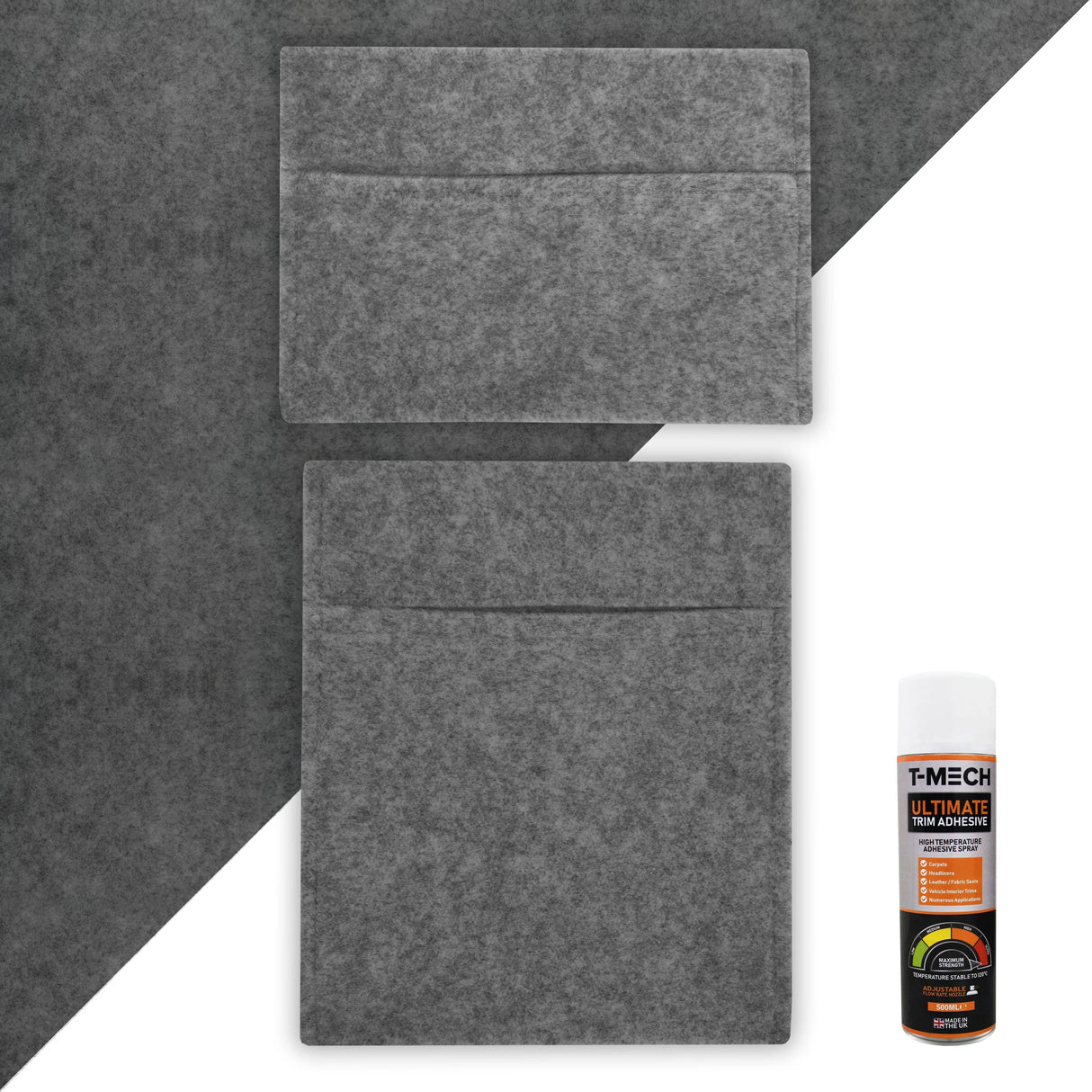 Smoke grey van carpet lining with two storage pouches and adhesive glue, featuring a soft texture and durable material for easy installation