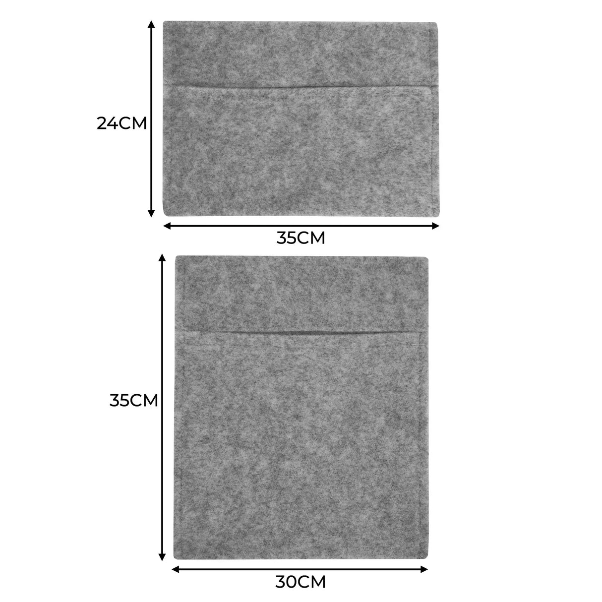 Smoke grey felt storage pouches with dimensions 24cm x 30cm and 35cm x 35cm, designed for van carpet lining applications