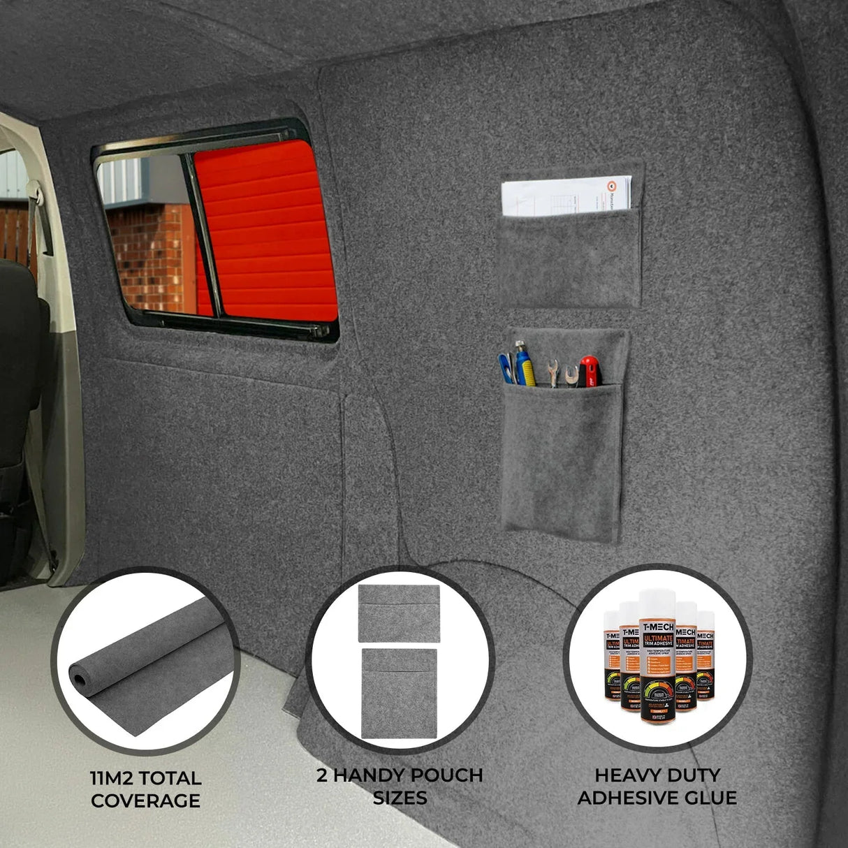 Smoke grey van carpet lining with storage pouches, adhesive glue, and a textured finish for easy installation and organization
