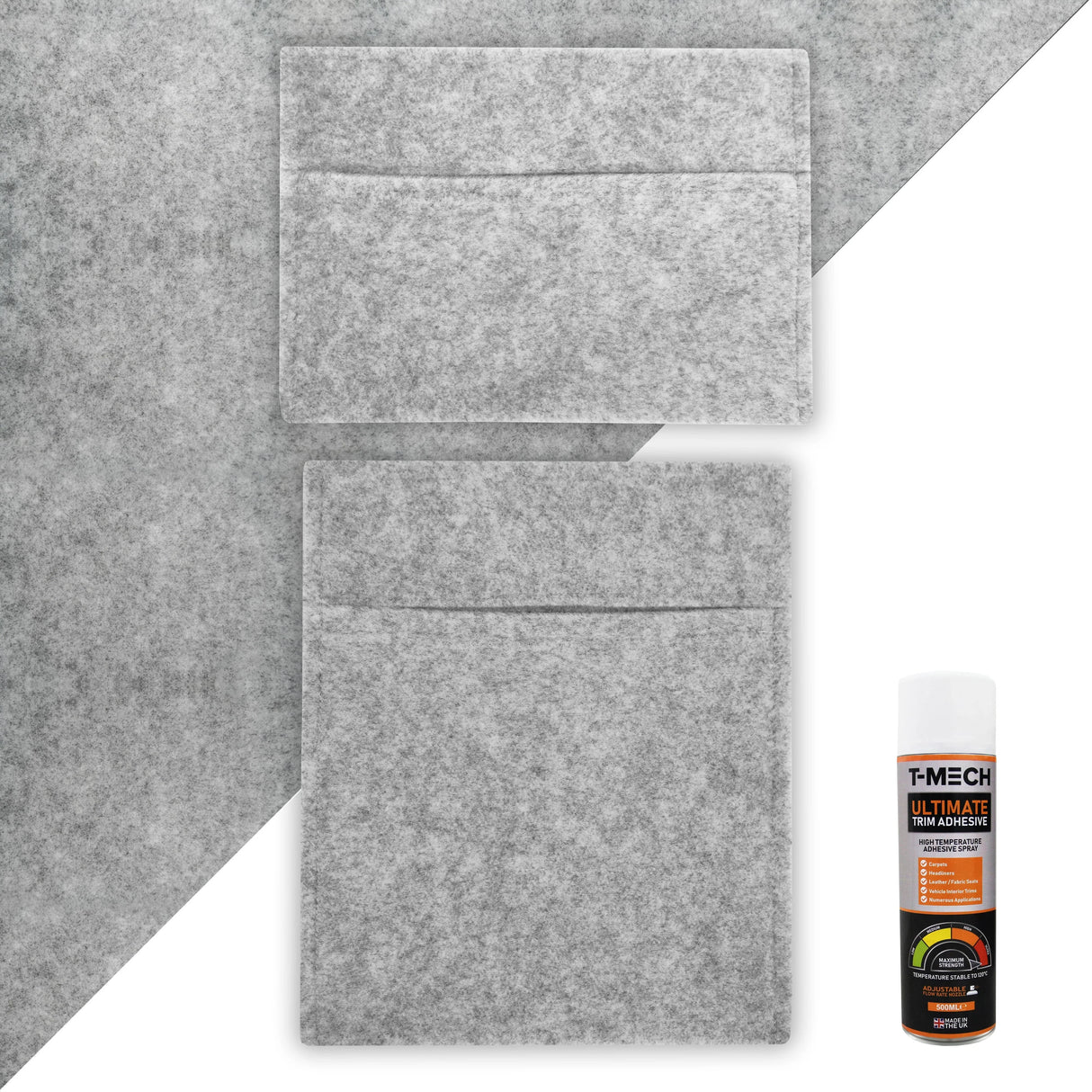Silver grey van carpet lining with two storage pouches and adhesive glue, featuring a soft felt texture and durable design
