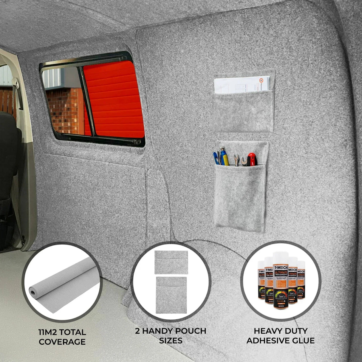 Silver grey van carpet lining with storage pouches, showcasing a soft texture and heavy-duty adhesive glue for easy installation