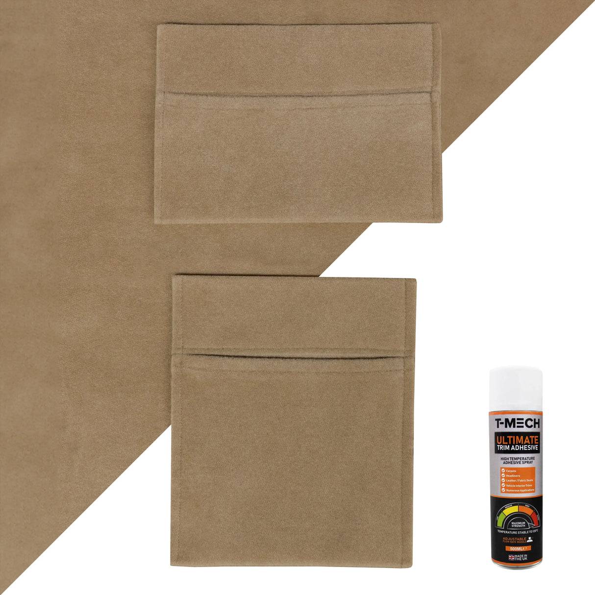 Beige van carpet lining with soft texture, two storage pouches, and adhesive glue for easy installation and organization