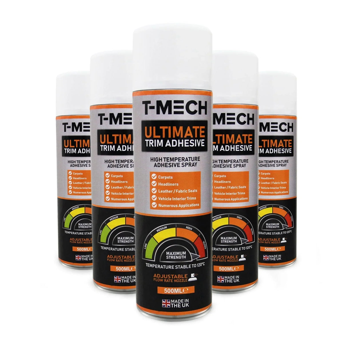 Beige van carpet lining with storage pouches and adhesive glue, showcasing high-temperature adhesive spray cans for versatile applications